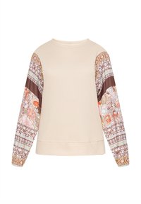 Beige sweatshirt med texturerad kropp, långa mönstrade ärmar med blommiga och geometriska mönster i orange, brunt och pastellfärger.
