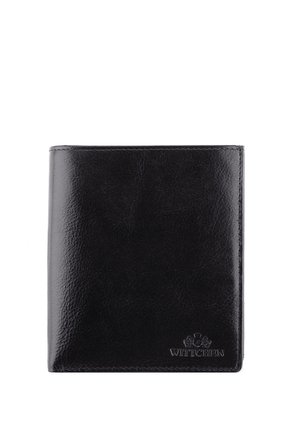 Portafoglio nero in pelle bifold con cuciture visibili e logo "WITTCHEN" impresso nell'angolo in basso a destra.