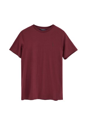 T-shirt bordeaux a maniche corte con collo tondo e piccolo logo ricamato sul petto sinistro, design semplice.