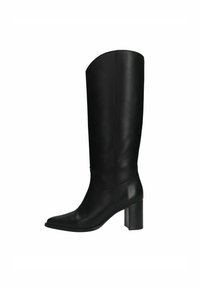 Black leather knee-high boot with a pointed toe and block heel, featuring a smooth texture and a tall, slightly rounded upper.