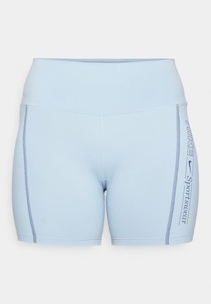 Svijetloplave sportske kratke hlače od rastezljivog materijala, s visokim strukom, kontrastnim šavovima i bočnim printom "NIKE Sportswear."