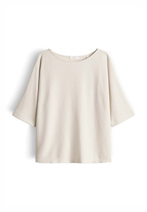 Beige kurzärmliges Strickoberteil mit weiten Ärmeln und rundem Ausschnitt, flach auf weißem Hintergrund dargestellt.