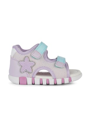Sandalo per bambini in lilla con pannelli in rete, due cinturini a strappo blu, una decorazione a forma di stella argentata e una suola bianca con dettagli rosa.