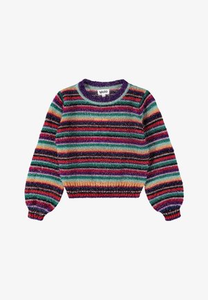 Długi sweter z długim rękawem wykonany z miękkiego materiału, z poziomymi paskami w kolorach fioletowym, zielonym, czerwonym, pomarańczowym i czarnym, z okrągłym dekoltem i elastycznymi mankietami.