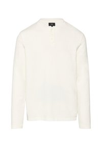 Pikkade varrukatega valge henley-särk, mis on valmistatud pehmest puuvillast. Särgil on nööbid kaelas ja lõige on mugav. Siledat tekstiili on minimaalsete detailidega.