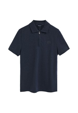 Marineblaues kurzärmeliges Poloshirt mit halbem Reißverschluss vorne und kleinem quadratischem Logo-Patch auf der linken Brust.