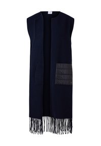 Námořnická zelená bezrukávová vesta z vlny s třásněmi, s prošívanou kapsou z kontrastní látky na levé straně.