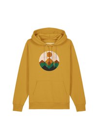 Mosterdgele hoodie met een voorkant zak en koordjes. Heeft een ronde graphic van bergen en een zon in aardetinten.
