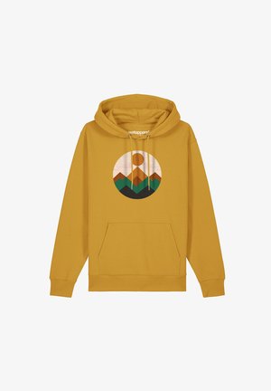 Mustard yellow hoodie with a front pocket and drawstrings. Features a circular graphic of mountains and a sun in earthy tones.