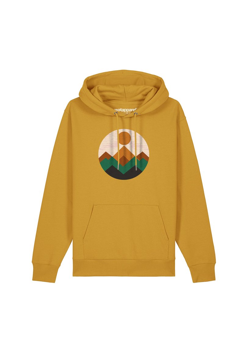 Mosterdgele hoodie met een voorkant zak en koordjes. Heeft een ronde graphic van bergen en een zon in aardetinten.
