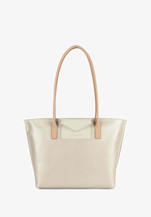 Sac fourre-tout en cuir beige avec deux poignées en cuir tan, forme structurée, extérieur texturé et un panneau d'accent crème portant un logo.