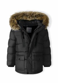 Black puffer jacket with a fur-lined hood, horizontal quilted pattern, two front pockets, and a zippered closure. Waterproof fabric.