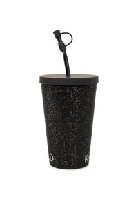 Tumbler noir couvert de petits cristaux, doté d'un couvercle noir et d'une paille, avec un texte blanc sur la base.