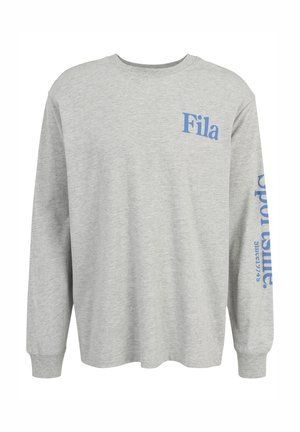 Felpa grigia a maniche lunghe in cotone misto, con il logo blu "Fila" sul davanti e "sports" insieme a "Since 1973" sulla manica.