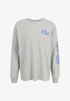 Grijze sweatshirt met lange mouwen, gemaakt van een katoenmix, met op de voorkant het blauwe logo "Fila" en "sports" met "Since 1973" op de mouw.