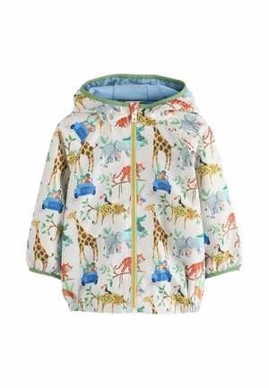 Veste à capuche pour enfants avec fermeture éclair, avec des illustrations colorées d’animaux de safari et un jeep bleu sur fond blanc.