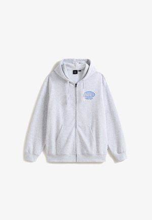 Grijze zip-up hoodie gemaakt van zachte stof, met een frontlogo in blauw, kangoeroezakken en een capuchon met trekkoord.