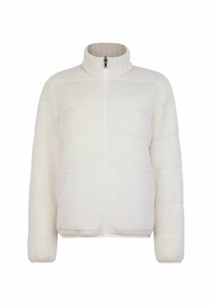 Weiße Reißverschlussjacke mit hohem Kragen, strukturierter Strickoptik, horizontalen Nähten und seitlichen Taschen. Weiches Material mit gemütlichem Erscheinungsbild.