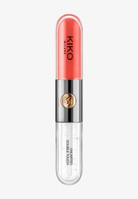 Dubbelzijdige lipgloss met aan de ene kant een koraalkleurige tint en aan de andere kant een transparante gloss, merk KIKO MILANO Unlimited Double Touch.