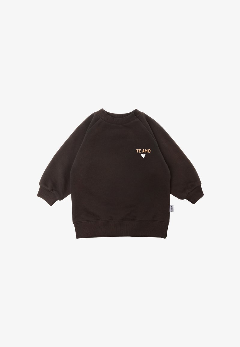 Brown sweatshirt with raglan sleeves, crew neckline, and soft texture. Features "TE AMO" and a heart graphic in light brown on the chest.