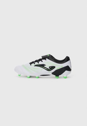 White football boots with green accents, black details, and textured mesh upper. Features six green studs and a sleek design.