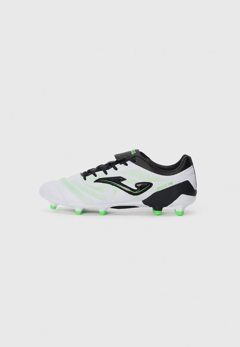 White football boots with green accents, black details, and textured mesh upper. Features six green studs and a sleek design.
