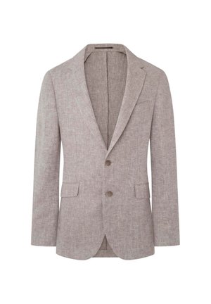 Blazer de mezcla de lino color beige claro que presenta solapa muesca, cierre de dos botones y dos bolsillos frontales. Se aprecia una textura de espiga.