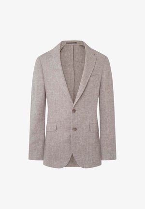 Blazer de mezcla de lino color beige claro que presenta solapa muesca, cierre de dos botones y dos bolsillos frontales. Se aprecia una textura de espiga.