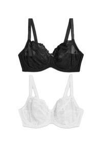 Black and white bras feature lace overlay, mesh cups, and adjustable straps, with a small bow detail at the center of each.