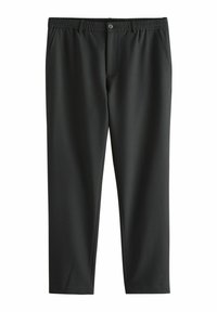 Svarte bukser lavet af et glat, strækbart stof. Har en elastisk talje med en knap, to sidelommer og et tapered ben design.
