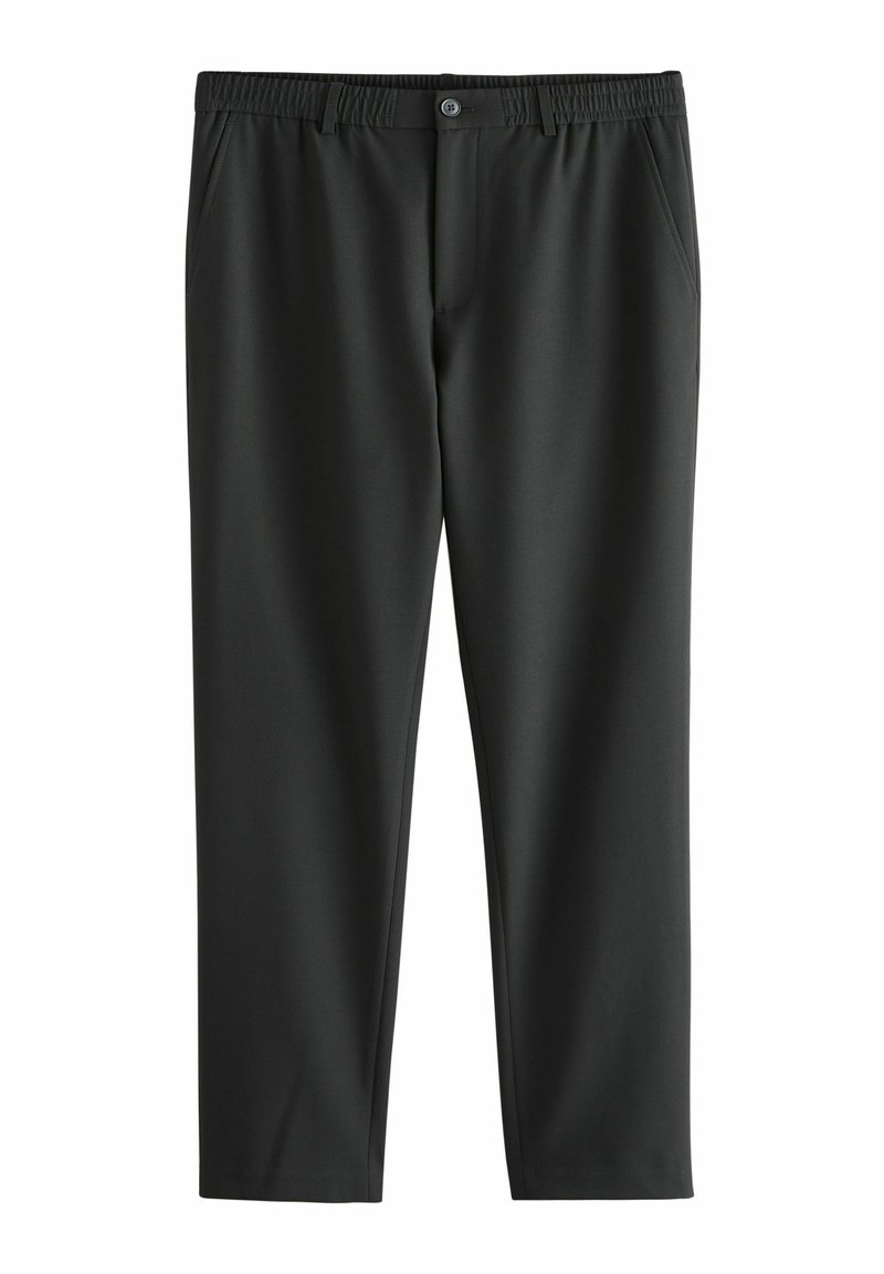 Svarte bukser lavet af et glat, strækbart stof. Har en elastisk talje med en knap, to sidelommer og et tapered ben design.