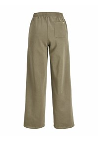 Mouwloze olijfgroene wijde broek van zachte stof, met een elastische tailleband en een achterzak. Gladde textuur, losse pasvorm.