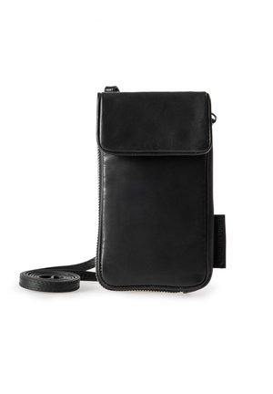 Black leather crossbody bag with a flap closure, vertical design, zip detail, and a long adjustable strap. Smooth texture with no visible patterns.