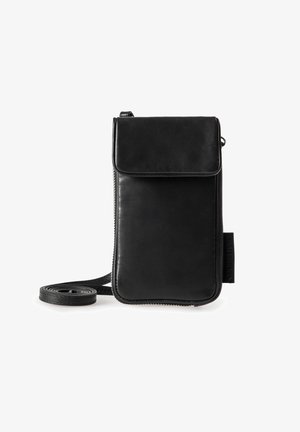 Black leather crossbody bag with a flap closure, vertical design, zip detail, and a long adjustable strap. Smooth texture with no visible patterns.