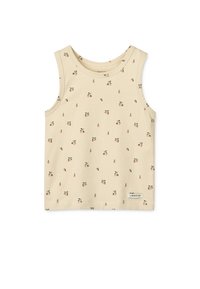 Lys beige tanktop laget av myk stoff, med et gjentakende mønster av små fersken- og grønne blader; logotag nederst.