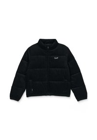 Giacca puffer nera in corduroy con colletto alto, zip frontale e tasche laterali. Presenta pannelli trapuntati e un logo sul petto.
