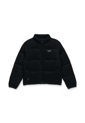 Schwarze Corduroy-Winterjacke mit Stehkragen, Frontreißverschluss und Seitentaschen. Enthält gesteppten Einsätze und ein Logo auf der Brust.