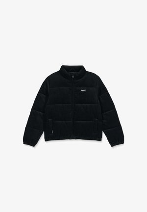 Schwarze Corduroy-Winterjacke mit Stehkragen, Frontreißverschluss und Seitentaschen. Enthält gesteppten Einsätze und ein Logo auf der Brust.