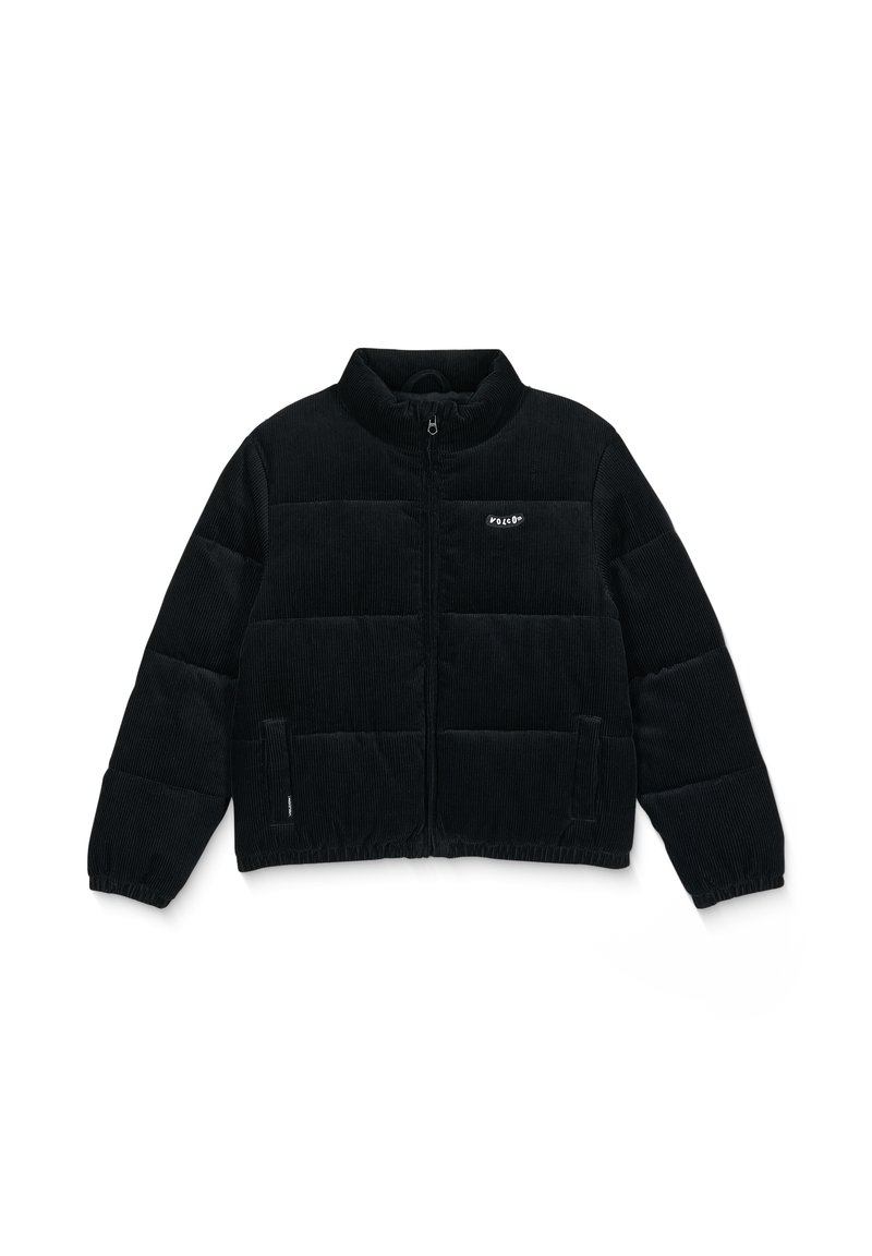 Giacca puffer nera in corduroy con colletto alto, zip frontale e tasche laterali. Presenta pannelli trapuntati e un logo sul petto.