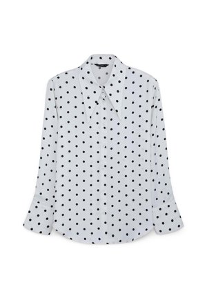 Camicia bianca con pois neri, dotata di colletto a punta e maniche lunghe con polsini abbottonati. Tessuto di texture liscia.