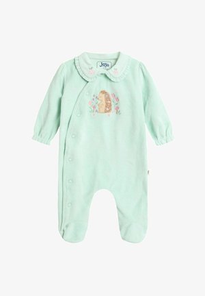 Tutina per neonati in morbido pile verde menta, con maniche lunghe, colletto arricciato, bottini a pressione e ricamo di riccio con dettagli floreali.