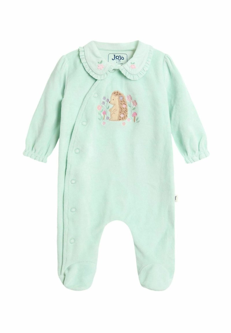 Mintgrüner Fleece-Baby-Overall mit langen Ärmeln, Rüschensaum, Druckknöpfen und einem Igelstickmotiv mit floralen Akzenten.