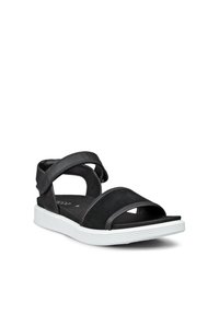 Sandalia negra de punta abierta con correa ajustable en el tobillo, suela acolchada y suela exterior blanca acanalada diseñada para uso casual.