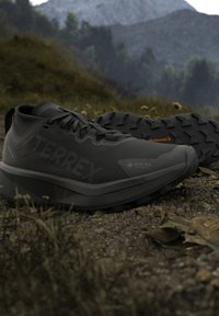 Chaussures de trail running Terrex noires avec Gore-Tex et semelles Continental posées sur un sol rocheux dans un cadre extérieur montagneux.