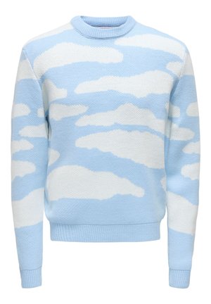 Maglione azzurro chiaro caratterizzato da un knit testurizzato con un motivo a nuvole in bianco. Collo rotondo e polsini e orlo a coste.