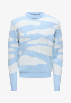 Maglione azzurro chiaro caratterizzato da un knit testurizzato con un motivo a nuvole in bianco. Collo rotondo e polsini e orlo a coste.