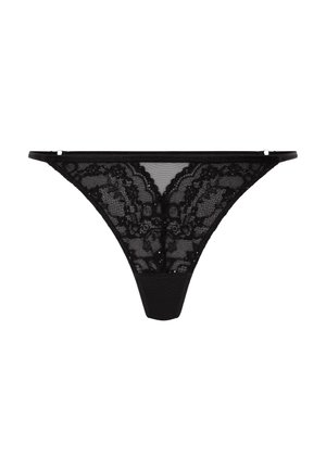 Zwarte kant string met een bloemenpatroon, doorzichtige mesh zijkanten en een effen stoffen achterkant. Delicate elastische banden bij de taille.