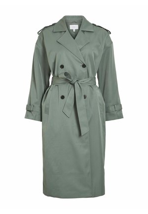 Gabardina caqui de tejido suave con cintura ajustada con cinturón, frente de doble botonadura y hombreras.