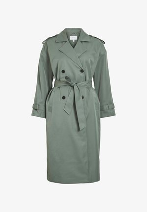 Khaki trench coat siledast, millel on vöödiga talje, topelt-fleka eesmine osa ja õlgadel epaulettes.