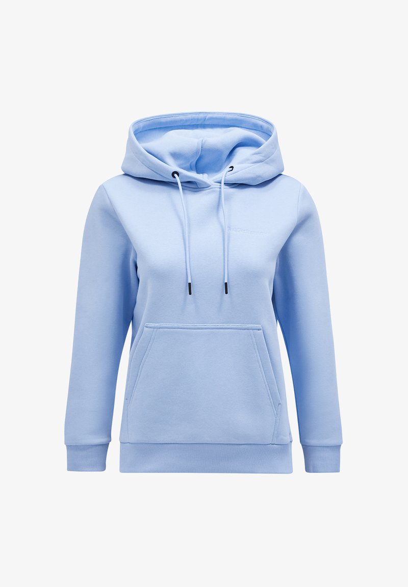 Ljusblå luvtröja i mjukt tyg, med en framficka och dragsnoddar, samt ribbade ärmslut och nedre fåll.